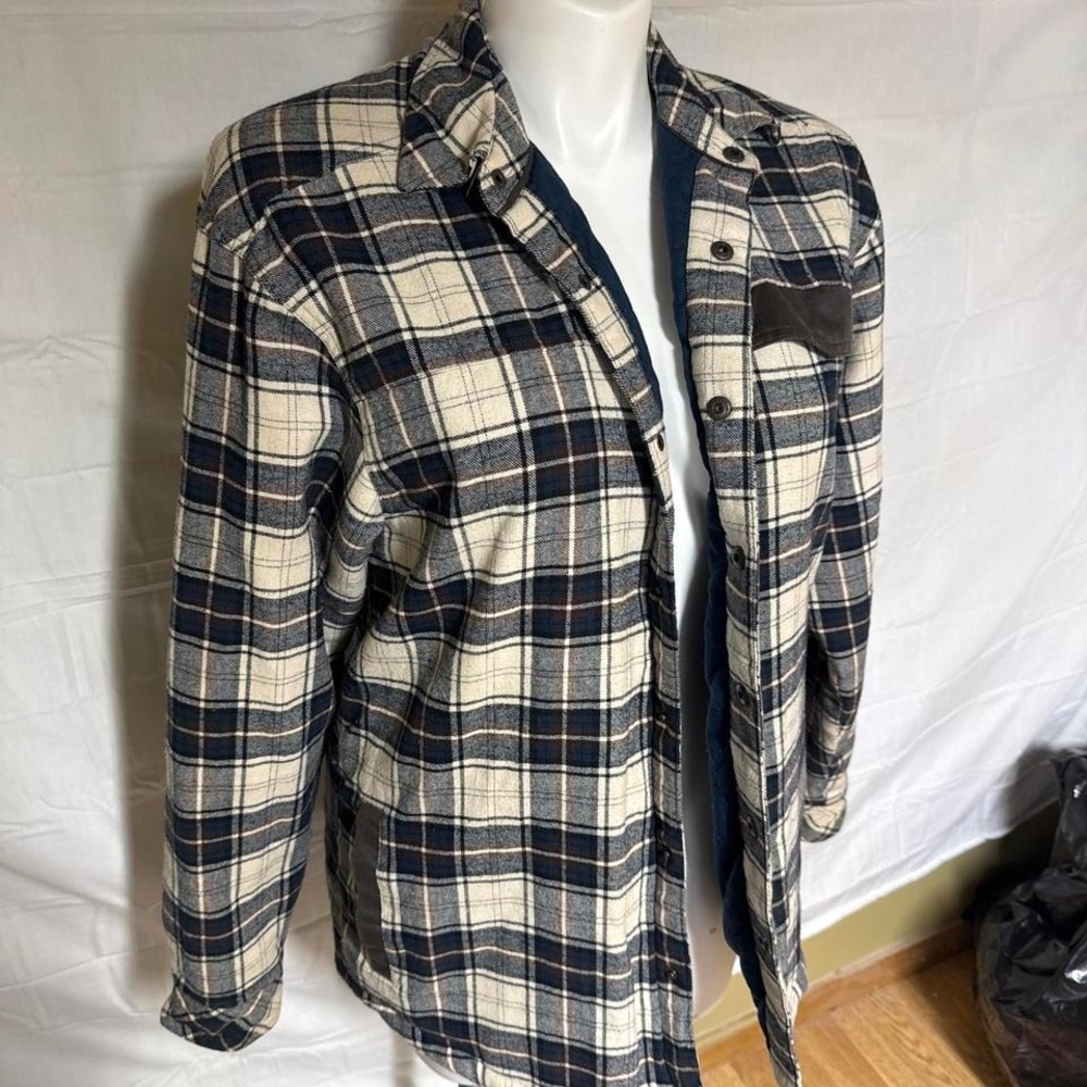 White brown and navy button up flannel
